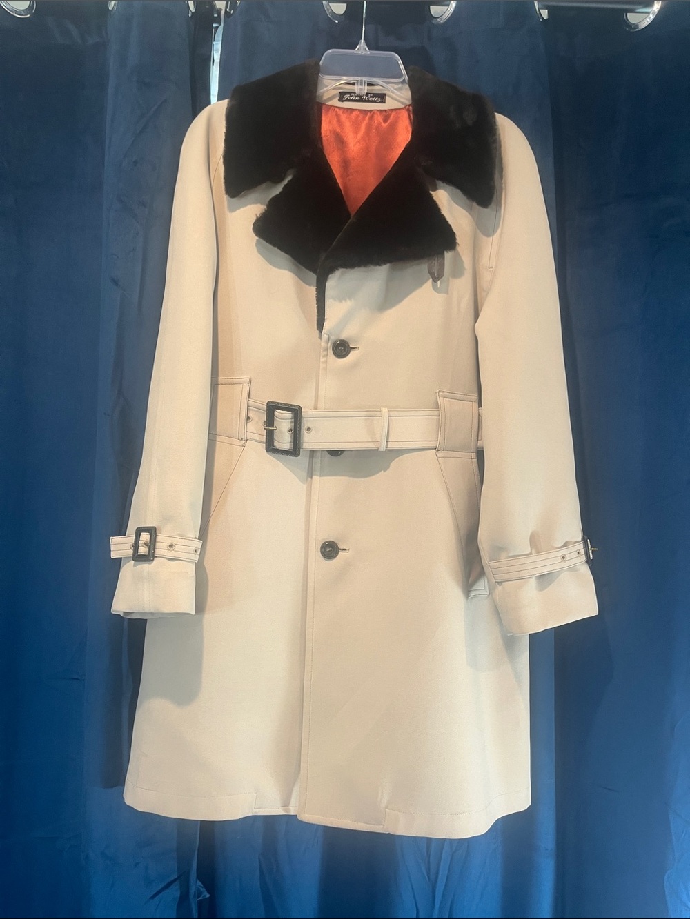 Vintage 70’s John Weitz Belted Trench Coat Faux Fur Collar Plaid Lined 38R